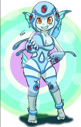 Rule 34 | 1girl, breasts, breasts out, clothing cutout, digimon, frog, frog girl, grabbing own breast, highres, looking at viewer, navel cutout, one-piece swimsuit, ranamon, red eyes, smile, solo, swimsuit, wide hips