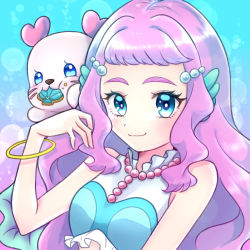 Rule 34 | 1girl, 1other, blue background, blue eyes, blue shirt, bracelet, breasts, collared shirt, cookie, crop top, fins, food, gradient background, head fins, highres, jewelry, kururun (precure), lapin zat, laura la mer, looking at viewer, mermaid, monster girl, precure, seal (animal), shell, shirt, small breasts, smile, tropical-rouge! precure, upper body