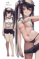 Rule 34 | 1girl, absurdres, ahoge, armpit peek, bare arms, bare legs, bare shoulders, barefoot, black hair, black nails, black panties, black shorts, blush, breasts, character age, clothes lift, clothes pull, collarbone, commentary, cowboy shot, full body, gluteal fold, grin, hair between eyes, hair ribbon, highres, lifted by self, long hair, looking at viewer, medium breasts, midriff, multiple views, nail polish, navel, no bra, original, panties, priite hari (torriet), purple eyes, purple ribbon, ribbon, shirt, shirt lift, short shorts, shorts, shorts pull, simple background, sleeveless, sleeveless shirt, smile, standing, stomach, toenail polish, toenails, torriet, twintails, underboob, underwear, undressing, very long hair, white background, white shirt