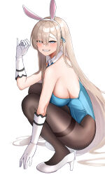 Rule 34 | 1girl, absurdres, animal ears, aqua bow, aqua bowtie, aqua leotard, art rat, asuna (blue archive), asuna (bunny) (blue archive), bare shoulders, black pantyhose, blue archive, blue eyes, bow, bowtie, breasts, commentary, fake animal ears, gloves, grin, hair over one eye, halo, high heels, highleg, highleg leotard, highres, large breasts, leotard, light brown hair, long hair, looking at viewer, official alternate costume, pantyhose, playboy bunny, rabbit ears, smile, solo, squatting, teeth, white footwear, white gloves