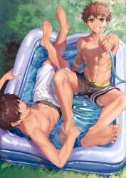 Rule 34 | 2boys, arm support, barefoot, black male swimwear, brown eyes, brown hair, collarbone, crossed legs, day, feet, from above, grass, grin, hand up, highres, holding, holding hose, hose, looking at viewer, looking up, lying, male focus, male swimwear, multiple boys, navel, nayoshi (r-744), nipples, on back, original, outdoors, parted lips, pectorals, reclining, short hair, smile, soles, spiked hair, spraying, spread legs, swim trunks, toned, toned male, wading pool, water, water drop, wet, white male swimwear