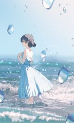 Rule 34 | 1girl, agas (vpwt7475), bare shoulders, black hair, blue eyes, closed mouth, dress, earrings, eyebrows, hand on own chest, highres, jewelry, ocean, original, short hair, sleeveless, solo, standing, tears, water, water drop, waves