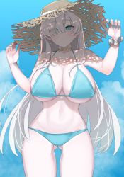Rule 34 | 1girl, absurdres, akitokage, alternate breast size, anastasia (fate), bikini, blue bikini, blue eyes, blue nails, blush, breasts, cleavage, closed mouth, cloud, collarbone, cowboy shot, earrings, eyes visible through hair, fate/grand order, fate (series), gluteal fold, hair over one eye, hat, highres, holding, holding clothes, holding hat, huge breasts, jewelry, long hair, looking at viewer, nail polish, navel, outdoors, sidelocks, single earring, solo, straw hat, string bikini, sweatdrop, swimsuit, very long hair, white hair