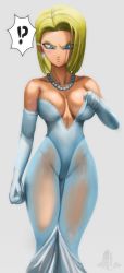 Rule 34 | 1girl, absurdres, adjusting clothes, adjusting dress, android 18, bare shoulders, blonde hair, blue eyes, blush, breasts, curvy, detached sleeves, dragon ball, dragonball z, dress, earrings, elbow gloves, elite nappa, evening gown, facing viewer, feet out of frame, gloves, grey background, highres, jewelry, large breasts, legs together, light blush, linea alba, medium breasts, necklace, no bra, no panties, pearl necklace, plunging neckline, revealing clothes, see-through, simple background, solo, speech bubble, spoken interrobang, standing, strapless, strapless dress, transparent