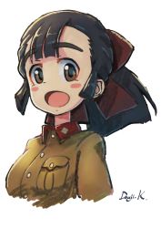 Rule 34 | 1girl, :d, artist name, black eyes, black hair, blush stickers, bow, brown bow, brown jacket, chi-hatan military uniform, commentary, cropped torso, girls und panzer, hair bow, half updo, hasegawa tatsu, highres, jacket, kuroneko douji, long sleeves, looking at viewer, medium hair, military, military uniform, open mouth, ponytail, signature, simple background, smile, solo, uniform, upper body, white background