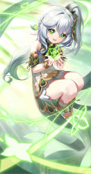 Rule 34 | 1girl, :d, absurdres, bare shoulders, commentary request, cross-shaped pupils, dress, full body, genshin impact, green eyes, green hair, grey hair, hair between eyes, hands up, highres, long hair, looking at viewer, mo ying yu, multicolored hair, nahida (genshin impact), no shoes, open mouth, short shorts, shorts, side ponytail, sleeveless, sleeveless dress, smile, socks, solo, stirrup legwear, streaked hair, symbol-shaped pupils, toeless legwear, very long hair, white dress, white shorts, white socks