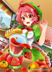 Rule 34 | 1girl, ahoge, blender (object), blush, brown eyes, company name, food, green ribbon, hat, juice, looking away, open mouth, picpicgram, red hair, red hat, ribbon, shinkai no valkyrie, short hair, solo, table, tearing up, tomato, tomato juice, window