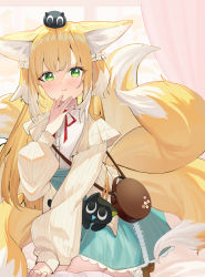 Rule 34 | 1girl, absurdres, animal ears, arknights, bag, blonde hair, blue skirt, blush, brown cardigan, cardigan, closed mouth, creature on head, fox ears, fox girl, fox tail, green eyes, high-waist skirt, highres, kitsune, long hair, long sleeves, looking at viewer, luo xiaohei, multicolored hair, multiple tails, neck ribbon, open cardigan, open clothes, puffy long sleeves, puffy sleeves, qiuyueruona, red eyes, ribbon, shirt, shoulder bag, skirt, smile, solo, streaked hair, suzuran (arknights), suzuran (spring praise) (arknights), tail, luo xiaohei zhanji, very long hair, white hair, white shirt