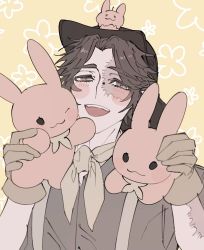 Rule 34 | 1boy, :3, :d, animal, animal on head, blush, blush stickers, brown eyes, brown hair, brown shirt, burn scar, collared shirt, floral background, gloves, highres, holding, holding animal, identity v, male focus, neckerchief, norton campbell, on head, open mouth, rabbit, rabbit on head, scar, shirt, smile, suspenders, upper body, wonakira, yellow background, yellow neckerchief