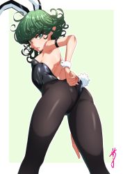 Rule 34 | 1girl, abiko zyozi, absurdres, animal ears, armlet, ass, back, bare shoulders, black leotard, black pantyhose, border, breasts, closed mouth, cowboy shot, curly hair, fake animal ears, from behind, green background, green eyes, green hair, highres, leotard, looking back, matching hair/eyes, one-punch man, outline, pantyhose, playboy bunny, rabbit ears, short hair, simple background, small breasts, solo, standing, tatsumaki, white border, white outline