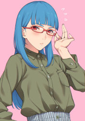 Rule 34 | 1girl, absurdres, adjusting eyewear, bad id, bad pixiv id, blue hair, blunt bangs, blush, buttons, closed mouth, collared shirt, flying sweatdrops, glasses, highres, long hair, long sleeves, looking at viewer, original, pink background, red-framed eyewear, red eyes, shirt, simple background, solo, sugarbeat, upper body