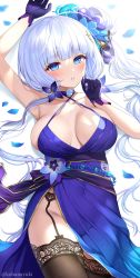 Rule 34 | 1girl, absurdres, arm up, armpits, azur lane, black thighhighs, blue eyes, blunt bangs, blush, breasts, choker, cleavage, commentary request, covered navel, criss-cross halter, dress, garter belt, gloves, groin, hair ornament, halterneck, highres, illustrious (azur lane), illustrious (never-ending tea party) (azur lane), kohanayuki, large breasts, long hair, looking at viewer, low twintails, lying, mole, mole under eye, no panties, official alternate costume, on back, one side up, parted lips, pelvic curtain, petals, purple choker, purple dress, purple gloves, silver hair, sleeveless, sleeveless dress, solo, thighhighs, twintails, twitter username, very long hair