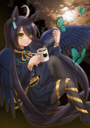 Rule 34 | 1girl, absurdres, ahoge, animal ears, belly chain, black dress, black hair, black pantyhose, black wings, bug, butterfly, cloud, cloudy sky, coffee mug, commentary, cup, dress, earrings, feathered wings, floating, frilled dress, frills, grey pantyhose, hair over one eye, highres, holding, holding cup, horse ears, horse girl, horse tail, insect, jewelry, knee up, long hair, long sleeves, looking to the side, manhattan cafe (umamusume), mug, night, outdoors, pantyhose, roppaku, short dress, single earring, sitting, sky, solo, tail, umamusume, white hair, wings, yellow eyes