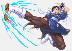 Rule 34 | 1girl, absurdres, agira, blue dress, boots, bracelet, breasts, brown eyes, brown hair, bun cover, capcom, china dress, chinese clothes, chun-li, cross-laced footwear, double bun, dress, earrings, flying kick, gradient background, grey background, hair bun, hair pulled back, highres, jewelry, kicking, medium breasts, muscular, muscular female, open mouth, pantyhose, pelvic curtain, puffy short sleeves, puffy sleeves, ryu (street fighter), sash, short sleeves, side slit, simple background, solo, spiked bracelet, spikes, street fighter, street fighter ii (series), white footwear