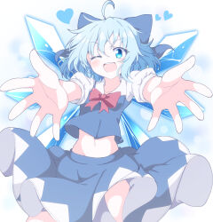 Rule 34 | 1girl, ahoge, blue bow, blue eyes, blue hair, blue skirt, blue vest, blush, bow, cirno, cirno day, collarbone, do (4-rt), fairy, foreshortening, hair bow, heart, highres, ice, ice wings, navel, one eye closed, open mouth, reaching, reaching towards viewer, short hair, short sleeves, skirt, smile, solo, touhou, vest, wings