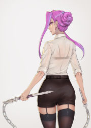 Rule 34 | 1girl, alternate hairstyle, ass, black bra, black skirt, bra, brown thighhighs, chain, chinese commentary, closed mouth, commentary request, contemporary, dual wielding, earrings, fate/stay night, fate (series), from behind, garter straps, glasses, grey background, hair bun, hair intakes, holding, holding weapon, huitu xigai, jewelry, long hair, looking at viewer, looking back, medusa (fate), medusa (rider) (fate), nameless dagger (fate), office lady, pencil skirt, pink eyes, profile, purple hair, see-through, shirt, sideways glance, single hair bun, skindentation, skirt, sleeves rolled up, solo, standing, thighhighs, underwear, weapon, white shirt