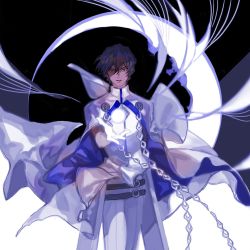 Rule 34 | 1boy, arjuna (fate), bishounen, black hair, blue hair, brown hair, cape, cowboy shot, crescent moon, dark-skinned male, dark skin, fate/grand order, fate (series), gloves, highres, male focus, mchi, moon, multicolored hair, orb, outstretched hand, solo, standing, white gloves