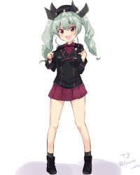 Rule 34 | &gt;:d, 10s, 1girl, :d, alternate costume, amano kouki, anchovy (girls und panzer), ankle boots, bare legs, black footwear, black hat, black jacket, black ribbon, black socks, blush, boots, collared shirt, cosplay, drill hair, garrison cap, girls und panzer, hair ribbon, hat, highres, holding, jacket, long hair, long sleeves, military, military uniform, open mouth, pleated skirt, purple shirt, purple skirt, red eyes, revision, ribbon, riding crop, shirt, silver hair, simple background, skirt, smile, socks, solo, twin drills, twintails, uniform, v-shaped eyebrows, white background, wing collar