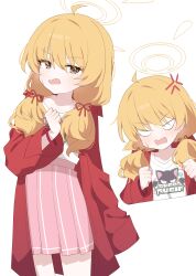 Rule 34 | 1girl, absurdres, ahoge, anger vein, blonde hair, blue archive, blush, brown eyes, coat, hagoonha, hair ribbon, highres, long hair, long sleeves, multiple views, official alternate costume, open clothes, open coat, open mouth, pink skirt, pleated skirt, red coat, red ribbon, ribbon, shirt, simple background, skirt, tress ribbon, white background, white shirt, yoshimi (band) (blue archive), yoshimi (blue archive)