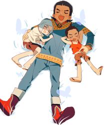 Rule 34 | 3boys, :d, ace attorney, aged down, antenna hair, apollo justice, arms behind head, black hair, blue hair, blue pants, blue shirt, blunt ends, blush, boots, brooch, brown hair, brown shorts, child, closed eyes, dhurke sahdmadhi, facial mark, father and son, flip-flops, forehead mark, forked eyebrows, grgrton, jewelry, legs apart, light blue hair, lying, male focus, medium hair, midriff peek, multiple boys, nahyuta sahdmadhi, on back, on side, open mouth, pants, red footwear, red shirt, red tank top, sandals, shirt, short hair, short sleeves, shorts, sleeveless, sleeveless shirt, smile, tank top, thick eyebrows, white shirt