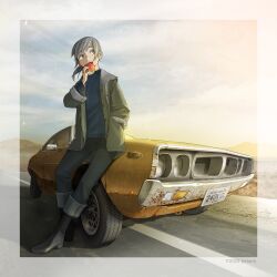 Rule 34 | 1girl, apple, black hair, blue sweater, boots, car, commentary request, eating, evening, food, fruit, green jacket, grey pants, hand in pocket, hand up, highres, holding, holding food, holding fruit, jacket, jettoburikku, license plate, motor vehicle, original, outdoors, pants, rust, short hair, solo, sweater
