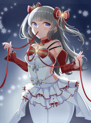 Rule 34 | 1girl, backlighting, bare shoulders, blue eyes, blush, bow, choker, collarbone, commentary, cowboy shot, detached sleeves, dress, floating hair, glowing, grey hair, hair bow, hair ornament, high-low skirt, highres, holding, holding ribbon, long hair, looking at viewer, looking to the side, martina (sennen sensou aigis), mouth hold, pantyhose, red bow, red choker, red ribbon, red sleeves, ribbon, ribbon in mouth, sennen sensou aigis, sideless outfit, sleeveless, sleeveless dress, snowflake background, solo, standing, star (symbol), star hair ornament, two side up, white dress, white pantyhose, yasagure2828