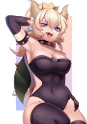 Rule 34 | 1girl, absurdres, arm behind head, arm up, black gloves, black leotard, black thighhighs, blonde hair, blue eyes, bowsette, bracelet, breasts, cleavage, collar, commentary, covered navel, cowboy shot, earrings, elbow gloves, english commentary, fangs, gloves, highres, horns, jewelry, large breasts, leotard, looking at viewer, mario (series), monster girl, new super mario bros. u deluxe, nintendo, open mouth, pointy ears, ponytail, rayrie, solo, spiked bracelet, spiked collar, spikes, super crown, thighhighs, thighs, tongue, turtle shell