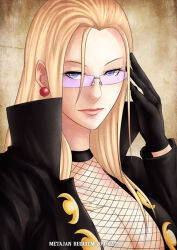 Rule 34 | 1girl, black gloves, blonde hair, blue eyes, closed mouth, commentary request, dated, earrings, fishnets, glasses, gloves, jewelry, k-suwabe, kalifa (one piece), long hair, long sleeves, looking at viewer, one piece, simple background, smile, solo