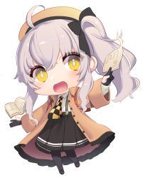 Rule 34 | 1girl, :d, ahoge, akagi kurage, beret, black bow, black footwear, black gloves, black pantyhose, black skirt, blush, bow, bright pupils, brown coat, brown hat, chibi, coat, collared shirt, copyright request, full body, gloves, grey hair, hair between eyes, hair bow, hat, loafers, long hair, long sleeves, looking at viewer, open clothes, open coat, open mouth, pantyhose, partially fingerless gloves, pleated skirt, shirt, shoes, side ponytail, sidelocks, simple background, skirt, smile, solo, suspender skirt, suspenders, white background, white shirt, wide sleeves, yellow eyes