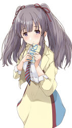 Rule 34 | 1girl, absurdres, blue skirt, blush, breasts, closed mouth, commentary request, dars, diagonal-striped clothes, diagonal-striped necktie, grey hair, hair ribbon, hands up, highres, holding, idolmaster, idolmaster shiny colors, jacket, kuroba aki, long hair, long sleeves, looking at viewer, necktie, open clothes, open jacket, purple eyes, red ribbon, ribbon, shirt, simple background, skirt, small breasts, smile, solo, striped clothes, twintails, white background, white shirt, yellow jacket, yellow skirt, yukoku kiriko