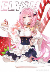 Rule 34 | absurdres, apron, black choker, black dress, black footwear, blue eyes, breasts, butterfly hair ornament, cake, character name, choker, cleavage, clothing cutout, dress, elbow gloves, elysia (honkai impact), elysia (miss pink elf) (honkai impact), fake horns, food, gloves, hair between eyes, hair ornament, highres, holding, holding plate, honkai (series), honkai impact 3rd, horns, long hair, looking at viewer, maid, maid apron, maid headdress, on ground, pink hair, pink pupils, plate, puffy sleeves, side cutout, solo, steel wool catfish essence, strawberry shortcake, thighhighs, white background, white gloves, white thighhighs