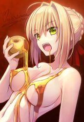 Rule 34 | 1girl, ahoge, apple, blonde hair, blush, braid, breasts, collarbone, covered erect nipples, fate/extra, fate/grand order, fate (series), food, french braid, fruit, golden apple, green eyes, hair bun, hair intakes, hair ribbon, highres, large breasts, long hair, looking at viewer, murasame shia, navel, nero claudius (fate), nero claudius (fate) (all), nero claudius (fate/extra), open mouth, ribbon, solo