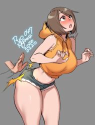Rule 34 | 1girl, 2020, :o, agawa ryou, bare shoulders, blush, breasts, brown eyes, brown hair, cropped hoodie, dated, denim, denim shorts, disembodied hand, grey background, hood, hoodie, large breasts, midriff, navel, open mouth, original, short hair, short shorts, shorts, signature, simple background, spanked, spanking, thick thighs, thighs, yellow hoodie