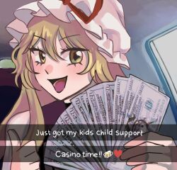 Rule 34 | 1girl, absurdres, banknote, blonde hair, blush, commentary, dollar bill, emoji, english text, hat, hat ribbon, heart, highres, holding, holding money, long hair, looking at viewer, m40u, mob cap, money, open mouth, red ribbon, ribbon, shiki eiki, smile, snapchat, solo, symbol-only commentary, thumbs up, touhou, upper body, white hat, yakumo yukari, yellow eyes