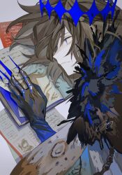 Rule 34 | 1boy, black gloves, black hair, blue eyes, book, cloak, closed mouth, expressionless, fate/grand order, fate (series), fur-trimmed cloak, fur trim, gloves, hair between eyes, highres, insect wings, looking to the side, male focus, medium hair, moth wings, oberon (fate), oberon (third ascension) (fate), paper, sidelocks, signature, solo, two pokemon, wings