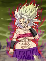Rule 34 | 1girl, abs, ass, black eyes, breasts, caulifla, covered erect nipples, dragon ball, dragon ball heroes, dragon ball super, evil grin, evil smile, female focus, grin, large breasts, looking at viewer, muscular, muscular female, nipples, oren (dragon ball), possessed, possession, rickert kai, short hair, smile, spiked hair, white hair