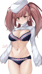 Rule 34 | 1girl, absurdres, alternate costume, atlanta (kancolle), beret, black bra, black panties, blush, bra, breasts, brown hair, clothing request, cowboy shot, ear piercing, grey eyes, haggy, hat, highres, kantai collection, large breasts, long hair, long sleeves, looking at viewer, panties, piercing, signature, simple background, solo, two side up, underwear, white background, white hat