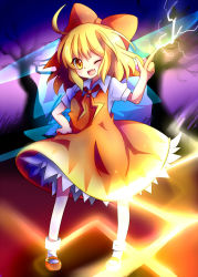 Rule 34 | 1girl, alternate color, alternate element, bad hands, bad id, bad pixiv id, blonde hair, blush, bow, cirno, dress, electricity, artistic error, hair bow, hand on own hip, hip focus, ikazu cirno, mary janes, minato0618, neckerchief, one eye closed, petticoat, shoes, short hair, socks, solo, standing, touhou, wink, yellow dress, yellow eyes