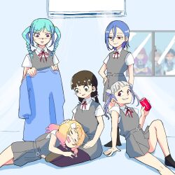 5yncri5e!_(love_live!) 6+girls air_conditioner arashi_chisato black_pantyhose black_socks blonde_hair blue_hair blunt_bangs blurry blurry_background blush brown_hair can closed_eyes closed_mouth collared_shirt commentary_request double_bun dress drink drink_can green_eyes green_hair grey_dress grey_hair hair_between_eyes hair_bun hand_on_another&#039;s_head hand_on_own_hip hazuki_ren highres holding holding_can holding_drink holding_unworn_clothes indoors kaleidoscore_(love_live!) lap_pillow leg_up long_hair looking_at_another love_live! love_live!_superstar!! medium_hair mondashi0223 multiple_girls neck_ribbon onitsuka_natsumi onitsuka_tomari open_mouth orange_eyes pantyhose pinafore_dress purple_eyes red_eyes red_ribbon ribbon sakurakoji_kinako school_uniform shirt short_sleeves siblings sidelocks sisters sitting sleeveless sleeveless_dress smile smirk socks soda_can standing summer_uniform tang_keke twintails wakana_shiki white_shirt wien_margarete window yokozuwari yuigaoka_school_uniform