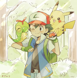 Rule 34 | 1boy, ^ ^, ash ketchum, backpack, bad id, bad pixiv id, bag, baseball cap, belt, black hair, black shirt, blue jacket, blue pants, brown eyes, caterpie, closed eyes, commentary request, cowboy shot, creatures (company), episode number, closed eyes, fingerless gloves, forest, game freak, gen 1 pokemon, gloves, green bag, green gloves, hat, holding, holding poke ball, jacket, looking at another, male focus, mei (maysroom), nature, nintendo, on shoulder, one eye closed, outdoors, pants, pikachu, poke ball, poke ball (basic), pokemon, pokemon (anime), pokemon (classic anime), pokemon (creature), pokemon on arm, pokemon on shoulder, shirt, signature, smile, standing, tree, viridian forest