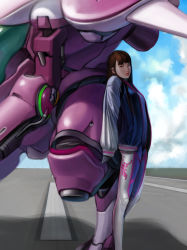 Rule 34 | 1girl, absurdres, against object, against vehicle, blue sky, bodysuit, breasts, brown eyes, brown hair, character name, clothes writing, cloud, d.va (overwatch), day, emblem, facepaint, facial mark, headphones, high collar, highres, jacket, jong hyun jeon, leaning back, long hair, long sleeves, looking at viewer, looking to the side, mecha, meka (overwatch), nose, outdoors, overwatch, overwatch 1, pilot suit, pink lips, realistic, ribbed bodysuit, robot, runway, shadow, shoulder pads, skin tight, sky, sleeves past wrists, small breasts, solo, standing, swept bangs, whisker markings