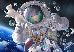 Rule 34 | 1boy, astronaut, ball, blue eyes, book, broken glass, bubble, candy, cat, commentary, crack, earth (planet), food, glass, highres, hourglass, leaf, letter, lighter, male focus, minami (minami373916), original, photo (object), planet, rocket, soccer ball, solo, space, spacesuit, star (sky), star (symbol), stuffed animal, stuffed toy, teddy bear, upper body, white cat