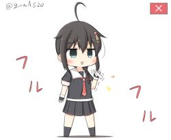 Rule 34 | 1girl, ahoge, black gloves, black hair, black serafuku, blue eyes, braid, chibi, commentary request, cursor, fingerless gloves, full body, gloves, goma (yoku yatta hou jane), hair flaps, hair ornament, hair over shoulder, hair ribbon, kantai collection, neckerchief, one-hour drawing challenge, open mouth, pleated skirt, red neckerchief, ribbon, school uniform, serafuku, shigure (kancolle), shigure kai ni (kancolle), simple background, single braid, skirt, solo, standing, translation request, twitter username, white background
