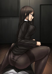 Rule 34 | 1boy, 1girl, ass, ayakumo, black jacket, black pantyhose, blazer, breasts, clothes lift, from behind, girl on top, hetero, highres, indoors, jacket, large breasts, long hair, looking at viewer, open mouth, original, panties, panties under pantyhose, pantyhose, pencil skirt, sitting, skirt, skirt lift, straight hair, underwear, wooden floor