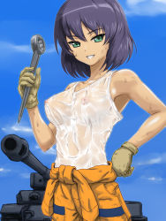 Rule 34 | 10s, 1girl, breasts, covered erect nipples, girls und panzer, gloves, green eyes, grin, hand on own hip, highres, hoshino (girls und panzer), jumpsuit, looking at viewer, military, military vehicle, motor vehicle, nipples, orange jumpsuit, overalls, rasukaru, see-through, shiny skin, shirt, smile, solo, standing, sweat, sweatdrop, tank, tank top, tied shirt, tools, vehicle, wet, wet clothes, wet shirt, wrench