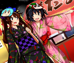 Rule 34 | 2girls, bkub (style), black hair, bow, brown hair, character mask, checkered sash, chen, chocolate banana, cirno, cowboy shot, dutch angle, fang, festival, floral print, hair bow, himekaidou hatate, himeshita johnny mafuyu, japanese clothes, kimono, long hair, looking at another, mask, mask on head, mid win h, multiple girls, night, night sky, obi, open mouth, parody, pointing, purple eyes, sash, shameimaru aya, short hair, side-by-side, sky, style parody, touhou, twintails