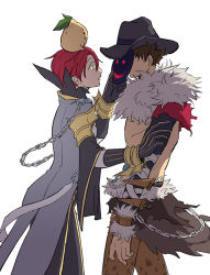 2boys, animal print, bangs, black gloves, black jacket, black pants, brown cape, brown hair, brown pants, cape, chain, coat, commentary request, cowboy shot, fedora, fur collar, gloves, grey coat, grey headwear, hair between eyes, hat, jacket, leopard print, long sleeves, looking at another, male focus, mask, masked, multiple boys, open mouth, pants, ragnarok online, red hair, shadow chaser (ragnarok online), sheath, short hair, shrug (clothing), simple background, smiley face, waist cape, warlock (ragnarok online), white background, zhi xie