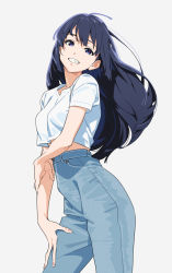 Rule 34 | 1girl, arm grab, bad id, bad twitter id, black hair, blouse, breasts, casual, contrapposto, cropped shirt, denim, feet out of frame, from side, grin, hand on own leg, hibike! euphonium, highres, jeans, kamo kamen, kousaka reina, long hair, looking at viewer, medium breasts, pants, shirt, simple background, smile, solo, white background, white shirt, wind
