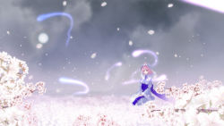 Rule 34 | 1girl, bad id, bad pixiv id, breasts, cherry blossoms, cloud, female focus, flower, ghost, japanese clothes, kneeling, large breasts, nature, outdoors, pink eyes, pink hair, saigyouji yuyuko, sky, snen, solo, touhou