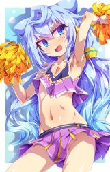 Rule 34 | 10s, 1boy, arm up, armpits, blue eyes, blue hair, cheerleader, clothes writing, copyright name, fang, hacka doll, hacka doll 3, long hair, looking to the side, male focus, midriff, navel, no panties, open mouth, pom pom (cheerleading), smile, solo, toraishi 666, trap